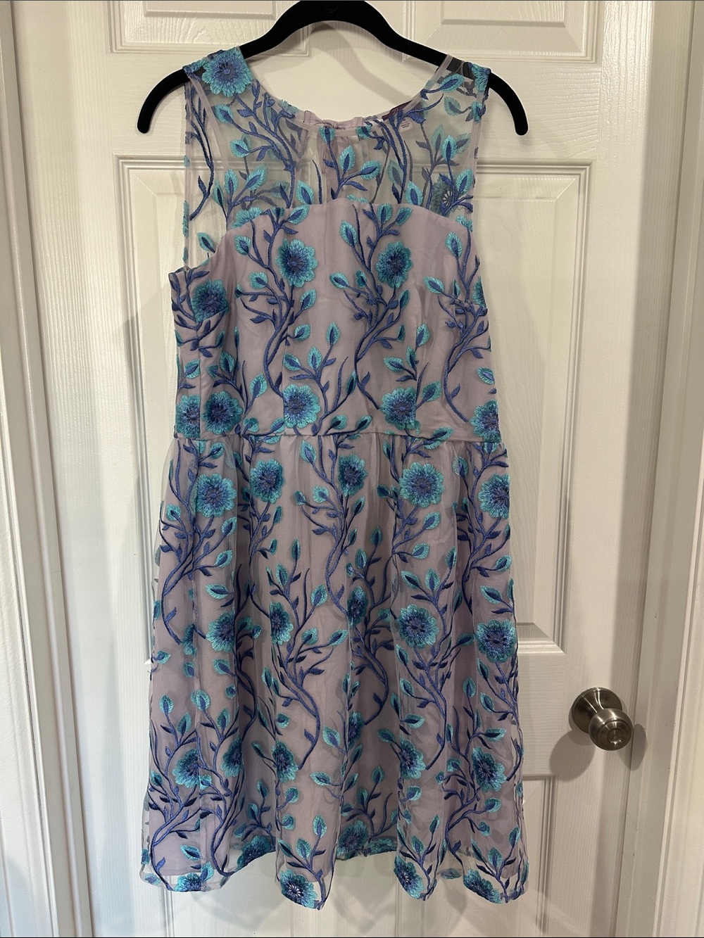 Sleeveless Sheer Floral Embroidered Dress in Light Lavender and Teal